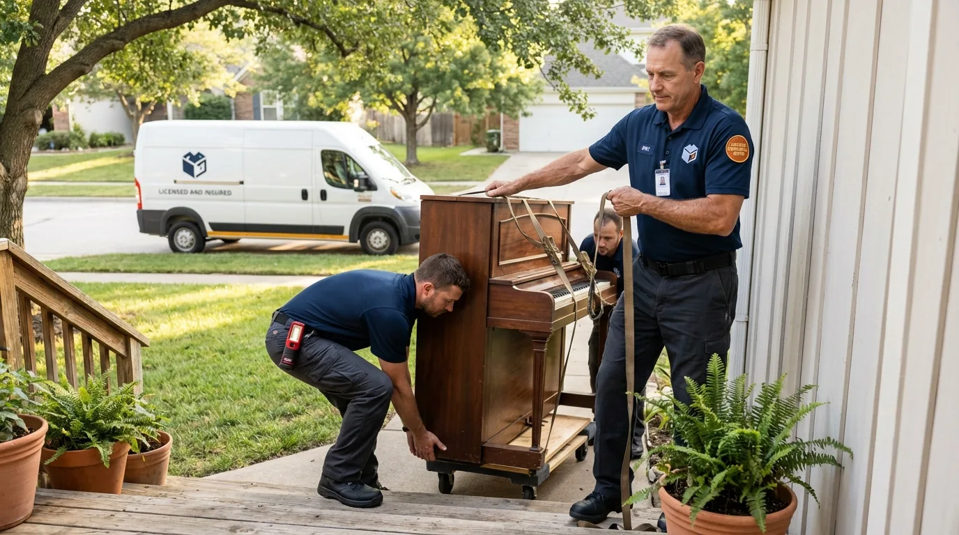 Licensed piano movers securing grand piano in Niles, IL
