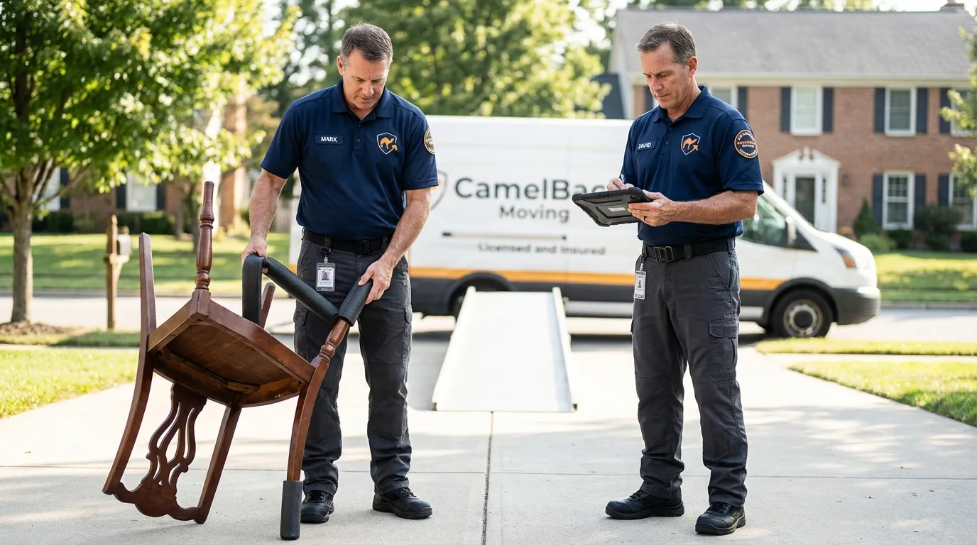 Movers inspecting furniture for damage prevention before loading in Niles, IL